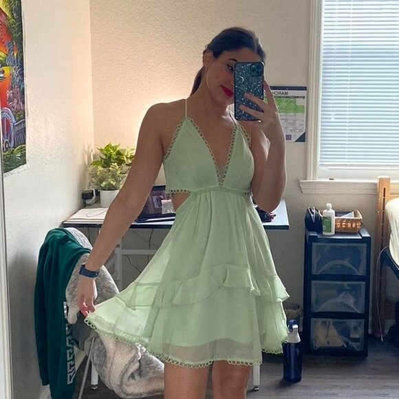 ASOS Sage Green Cami Halterneck Cutout Mini Dress with Eyelete Lace Circle Trim - Picture 2 of 6